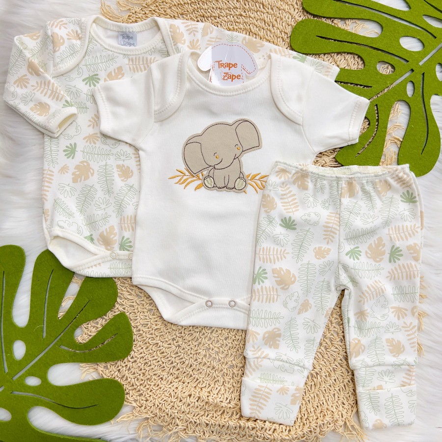 CONJ. DE MALHA 3 PEÇAS - Folhagem Elefante - Off White e Bege CONJ. DE MALHA 3 PEÇAS - Folhagem Elefante - Off White e Bege